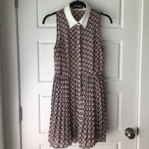 Navy and Orange Print Dress with Pleated Skirt